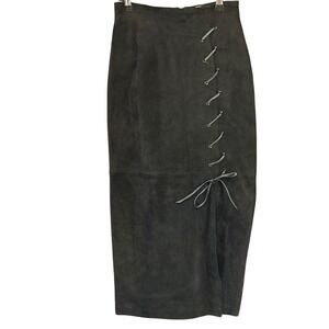 Vintage 90s Cedars Black Suede Leather Lace Up Maxi Pencil Skirt Goth Cowgirl